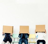 Group of Kids Box Cover Head Hiding Gesturing