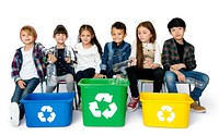 Group of Kids Holding Trash with Recycle Symbol on White Blackground