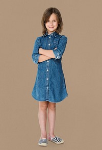 Young white girl kid crossed arms studio full body portrait