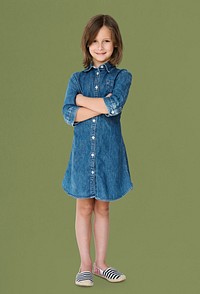 Young white girl kid crossed arms studio full body portrait