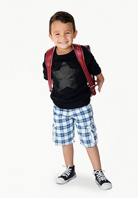 Young asian kid student with a backpack full body portrait