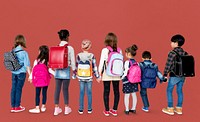 Rear view group of diverse kids standing in a row holdings hands
