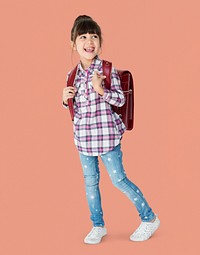 A girl with backpack is smiling