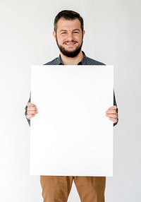 Man Hands Hold Show Blank Paper Board