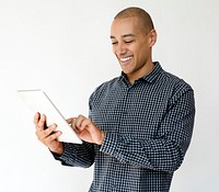 Adult Man Smile Use Tablet Studio Portrait