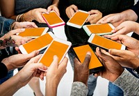 Group of people using mobile phone with blank screen