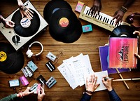 Music lovers with vinyl records