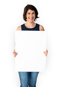 Happiness woman holding blank banner studio portrait