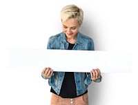 Woman Hands Hold Show Blank Box Banner