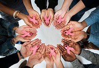 Hands Show Pink Ribbon Breast Cancer Awareness