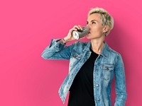 Adult Woman Drinking Beverage from Can