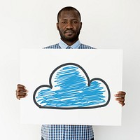 Adult man hold show paper with cloud symbol