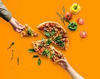 Hands taking slices of italian cuisine pizza