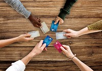Group of hands holding credit card convenience life in aerial view
