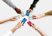 Group of hands holding credit card convenience life in aerial view