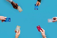 Group of hands holding credit card convenience life with copy space in aerial view