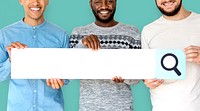Group of men smiling and hodling search blank banner