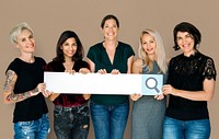 Group of women smiling and hodling search blank banner
