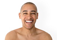 Skinhead man smiling with topless studio shoot