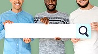 Group of men smiling and hodling search blank banner
