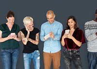 Happiness group of people smiling and conneted by mobile phone
