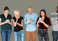 Happiness group of people smiling and conneted by mobile phone
