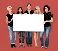 Happiness group of women holding blank banner