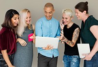 Happiness group of people smiling and conneted by digital devices