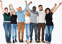 Happiness group of people huddle and arms raised smiling together