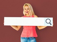 Woman holding paper search bar and smiling
