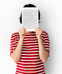 Adult Woman Face Covered with Blank Tablet
