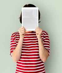 Adult Woman Face Covered with Blank Tablet