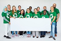 Group of people volunteer with empty board advertising