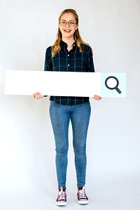 A person holding a search bar
