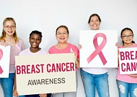 Diverse woman with breast cancer awareness poster