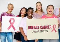 Group of Multiethnic Women Wear Pink Shirt and Pink Ribbon Cancer