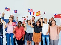 Group of people holding national flags studio portrait