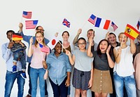 Group of people holding national flags studio portrait