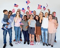 Group of people holding american flag studio portrait