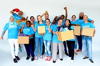 Group of volunteer people donate stuff for charity
