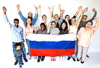 Group of people holding russian flag studio portrait