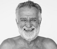 Senior adult man mustache smiling bare chest studio portrait