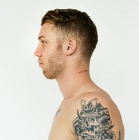 Man bare chest side view studio portrait