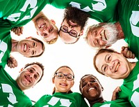 Group of diverse people in green recycle tee