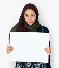 Adult Woman Hands Hold Blank Paper Board Copy Space