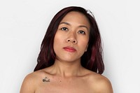 Asian woman bare chest topless studio portrait