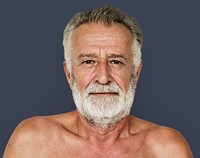 Senior adult man mustache bare chest studio portrait