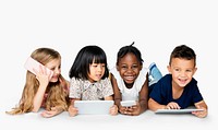 Cheerful children holding digital devices