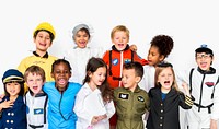 Group of diverse cheerful kids in dream job uniform costumes