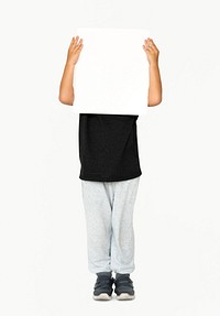 Little Boy Holding Blank Empty Paper Board Covered Face Studio Portrait